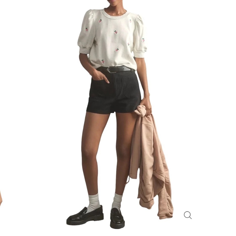 TLA Cream Rose Embroidered Puff Short Sleeve Sweatshirt Top